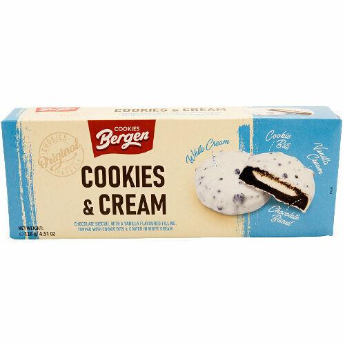 Печенье шоколадное печенье с начинкой с ванильным вкусом с кусочками печенья в белой глазури ТМ Bergen (Берген)