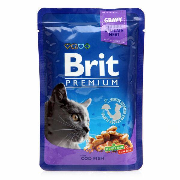 Полнорационный влажный корм премиум-класса для взрослых кошек Кусочки с треской ТМ Brit Premium (Брит Премиум)
