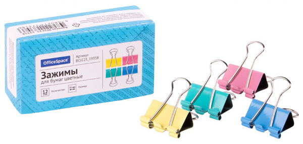 Зажимы для бумаг 25мм officespace 12шт цветные картонная коробка