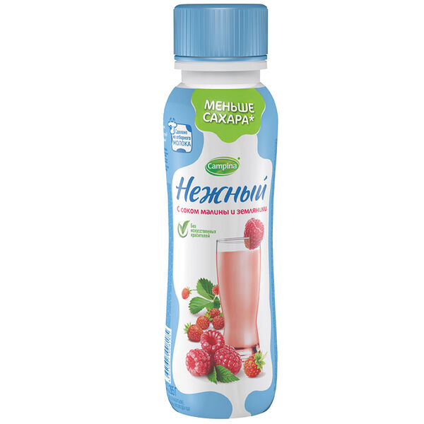 Напиток йогуртный стер НЕЖНЫЙ жир. 0.1% с соком малины и земляники вес 285г Campina