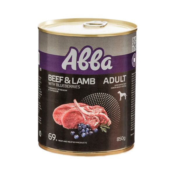 Влажный корм Aвва (консервы) для собак, говядина, ягненок и голубика, 850 г