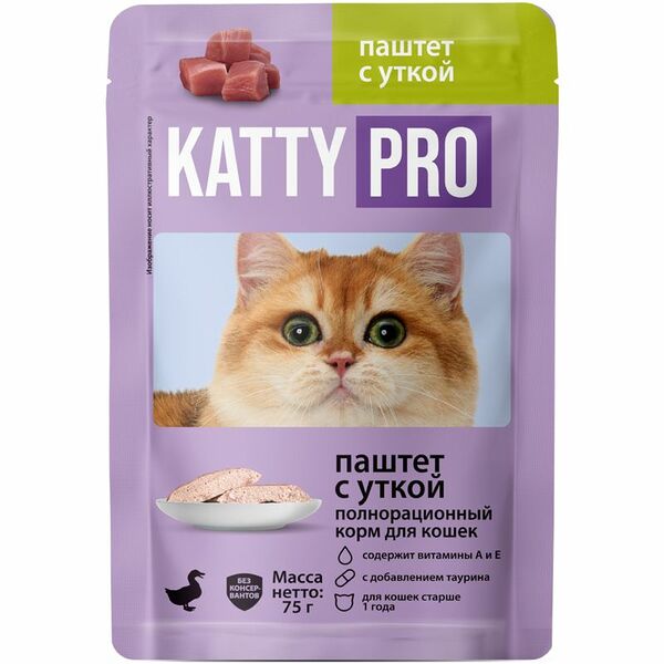 Корм влажный Katty Pro паштет с уткой для взрослых кошек 75 г