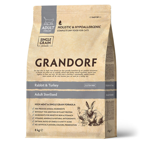 Корм для кошек GRANDORF Cat для стерилизованных, кролик с индейкой 8кг