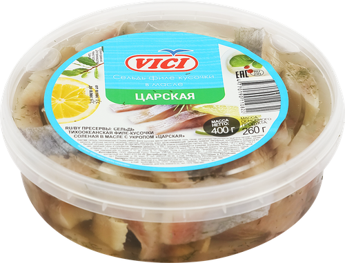 

Сельдь в масле Vici Любо Есть Царская филе-кусочки с укропом 400 г