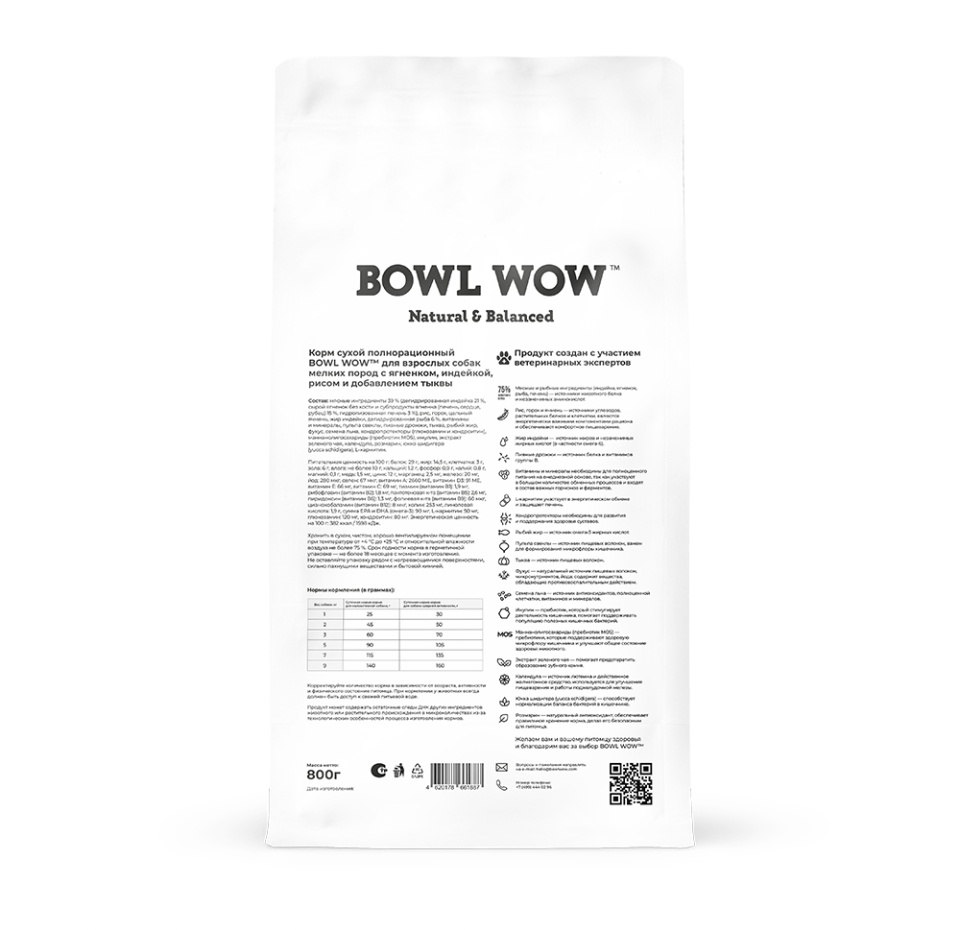 

Сухой корм Bowl Wow для взрослых собак мелких пород с ягненком, индейкой, рисом и тыквой 800 г