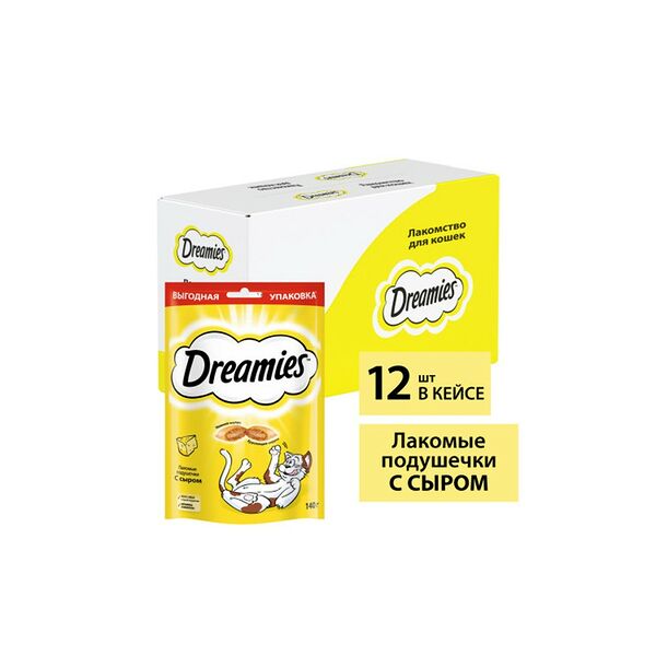 Лакомство Dreamies Лакомые подушечки для взрослых кошек с сыром, 140 г х 12 шт