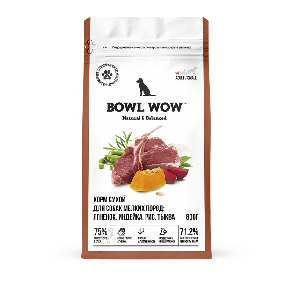 

Сухой корм Bowl Wow для взрослых собак мелких пород с ягненком, индейкой, рисом и тыквой 800 г