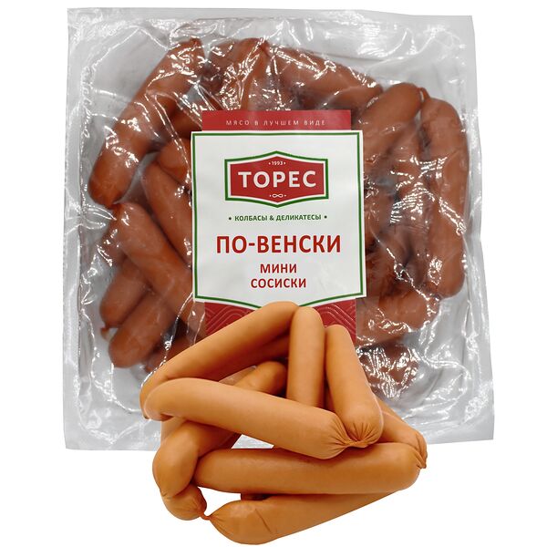 Сосиски Торес По-венски мини из мяса птицы вареные Второй сорт, 280 г