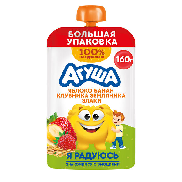 Пюре фруктовое Агуша с 8 месяцев Яблоко, банан, клубника, земляника, злаки упаковка в ассортименте 160 г