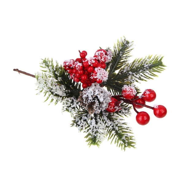Сноу бум ветка декоративная, с красными ягодами и хвоей, заснеженная, 20 см