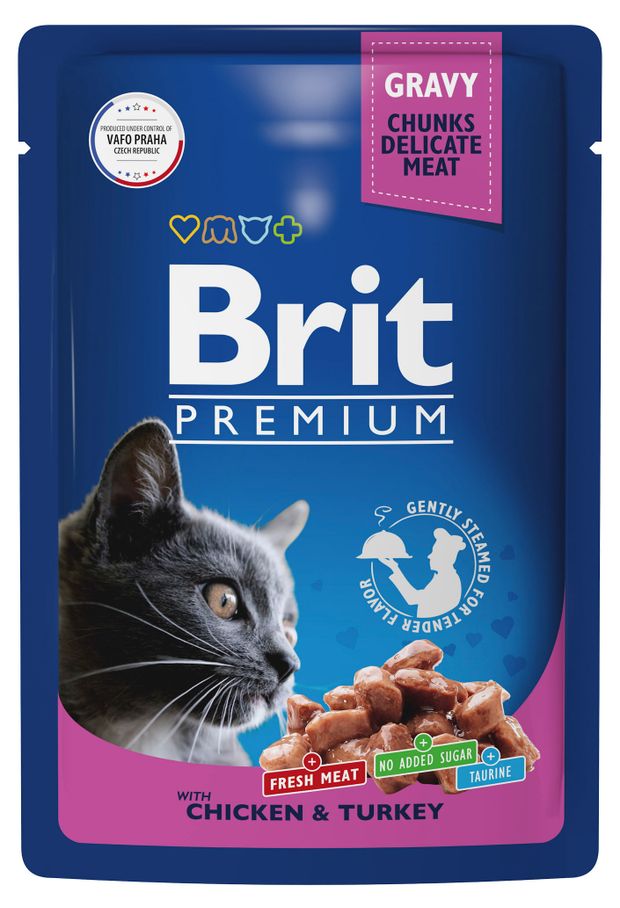 

Влажный корм для кошек Brit цыпленок-индейка в соусе жидкий 85 г