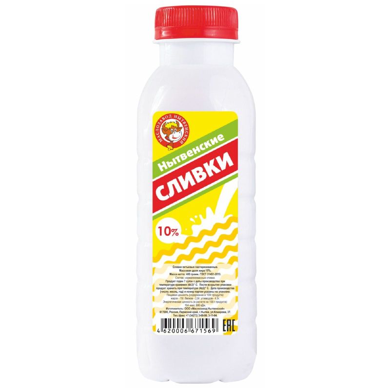 

Сливки Нытвенский Маслозавод пастеризованные 10%, 400 мл