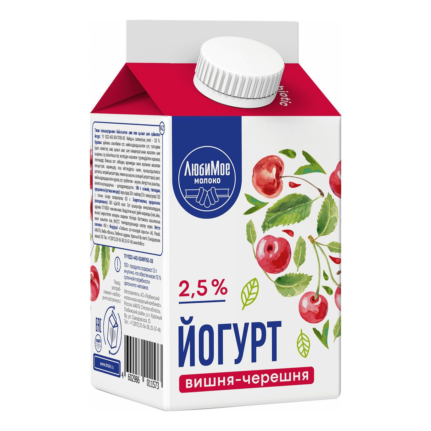 

Йогурт питьевой Любимое Молоко Вишня Черешня с пребиотиками 2.5% 450 г