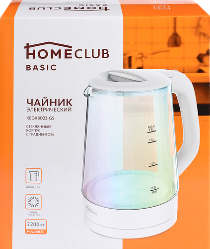 Чайник электрический Homeclub KEGX8023-GS стеклянный черный, белый