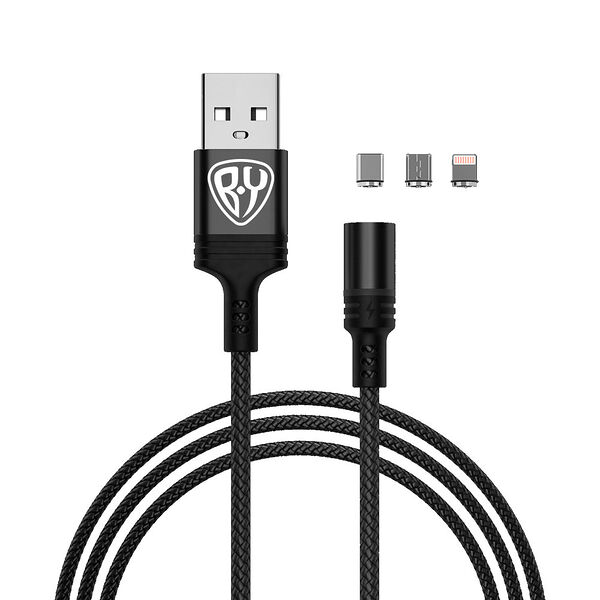 Кабель для зарядки магнитный BY, 3 в 1, ip/micro usb/type-c, 1м, 2.1а, черный