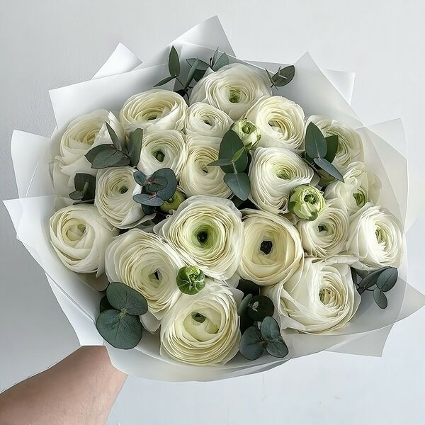 Букет из 19 ранункулюсов с веточками эвкалипта