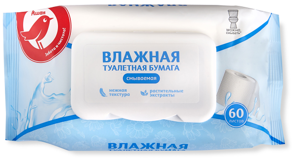 Влажная туалетная бумага АШАН Красная птица, 60 шт