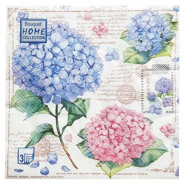 Салфетки бумажные Bouquet Home Collection Открытка с гортензиями 3 слоя, 33x33 см, 20 шт.