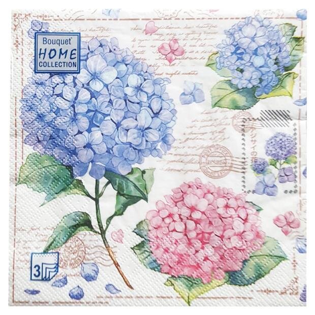 

Салфетки бумажные Bouquet Home Collection Открытка с гортензиями 3 слоя, 33x33 см, 20 шт.