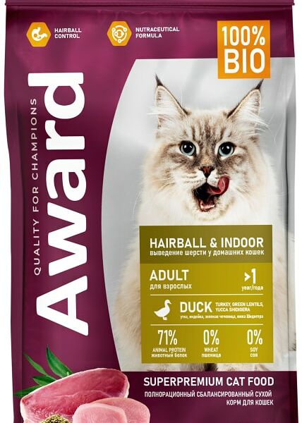 Сухой корм для кошек Award Hairball & Indoor для выведения шерсти с уткой и индейкой с добавлением зеленой чечевицы и Юкки Шидигера 400г