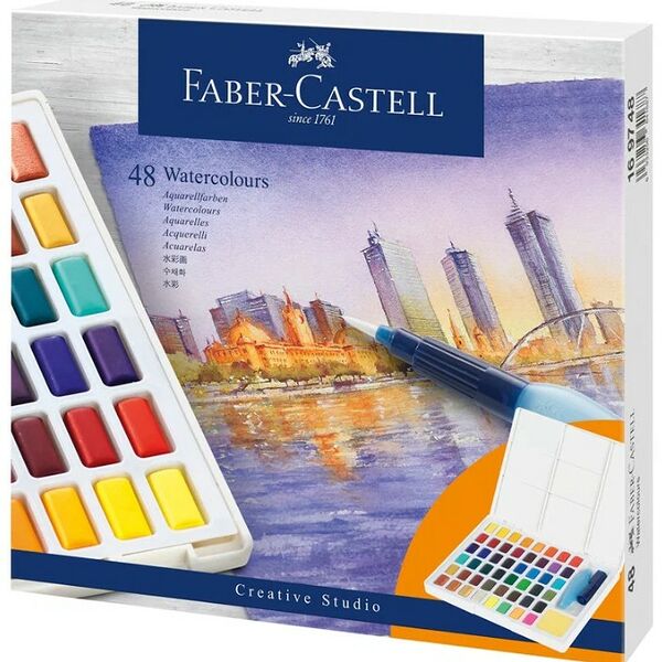 Акварель художественная Faber-Castell Watercolours 48цв кюветы + кисть Water Brush+ съемная палитра пластиковая упаковка