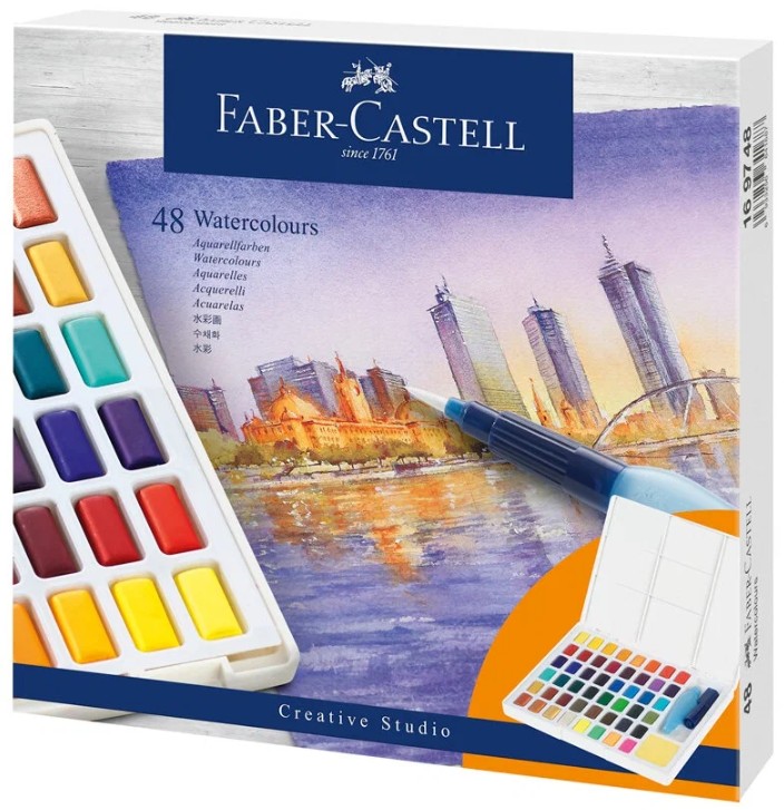 

Акварель художественная Faber-Castell Watercolours 48цв кюветы + кисть Water Brush+ съемная палитра пластиковая упаковка