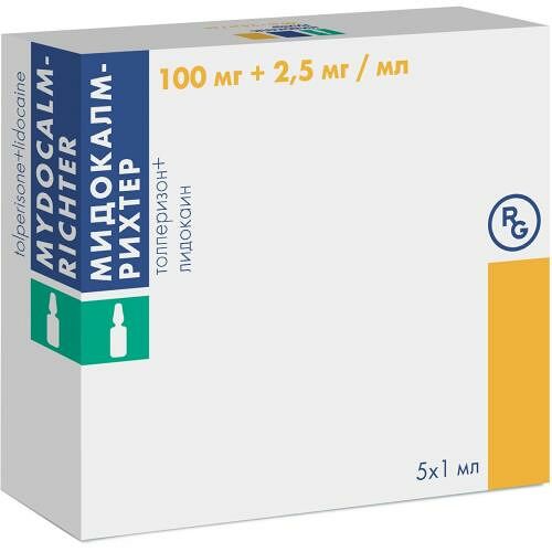 Мидокалм-Рихтер раствор для в/м введения 100 мг + 2.5 мг/мл ампулы 1 мл 5 шт