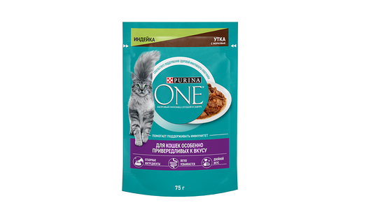 Влажный корм Purina ONE® для кошек особенно привередливых к вкусу, индейка и утка высокого качества с морковью, пауч, 75г