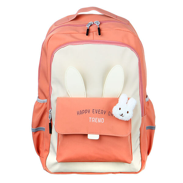 Рюкзак подростковый 43x29,5x18см, 2 отд., 3 карм., апплик.в форме ушек, брелок, пэ, белый/ персиков.