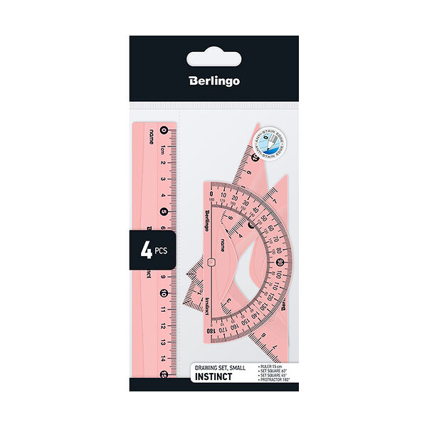 Набор чертежный BERLINGO Instinct, треугольник – 2шт, линейка 15см, транспортир, в ассортименте