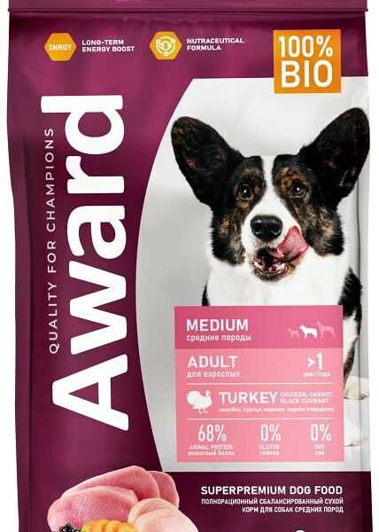 Сухой корм для собак Award для средних пород с индейкой и курицей с добавлением моркови и черной смородины 2кг