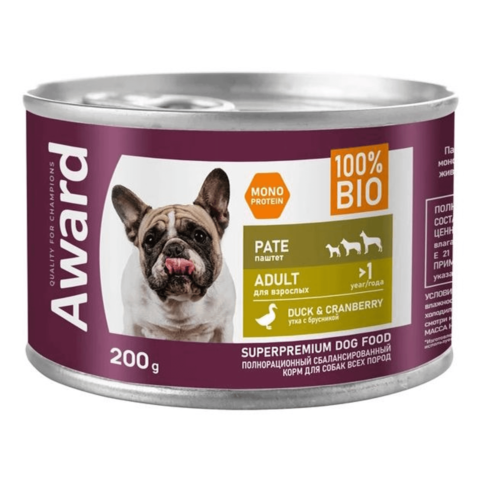 

Влажный корм Award паштет из утки с брусникой для собак 200 г