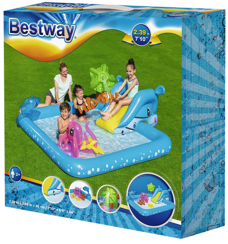 

Игровой центр надувной Bestway Аквариум 308 л 239 х 206 х 86 см, с разбрызгивателем, горкой и игрушками, Арт. 53052