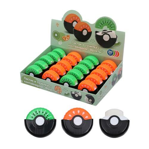 Ластик + точилка с контейнером 1 отверстие Фрукты в ассортименте, 1шт