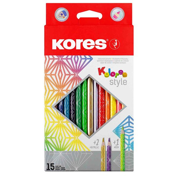 Карандаши цветные Kores 15 цветов, 3-гранные, kolores style