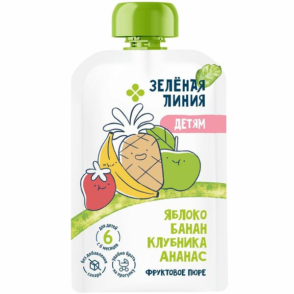 Пюре Зелёная Линия из яблок, бананов клубники и ананасов с 6 месяцев
