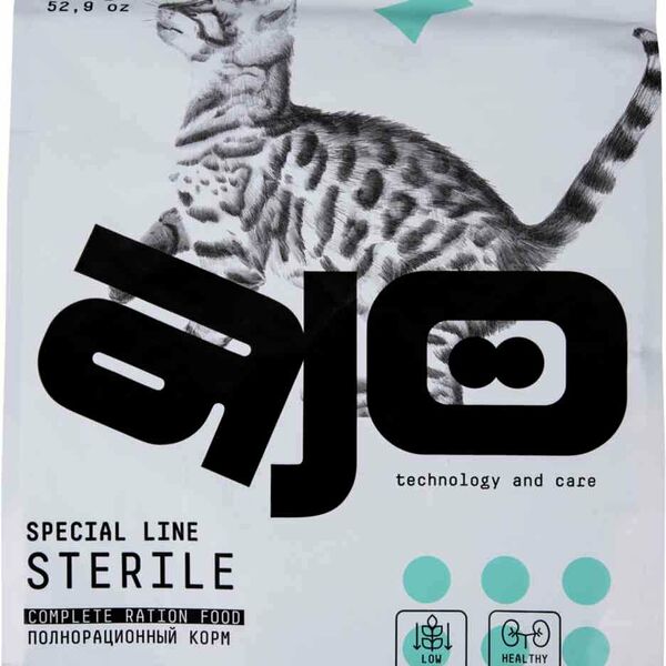 Сухой корм для стерилизованных кошек низкозерновой AJO Sterile с индейкой и уткой