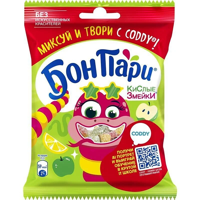 

Мармелад Бон Пари Кислые змейки жевательный фигурный фрукты 120 г