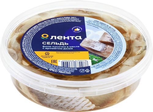 

Сельдь Лента Матье филе-кусочки с дымком в масле 400 г