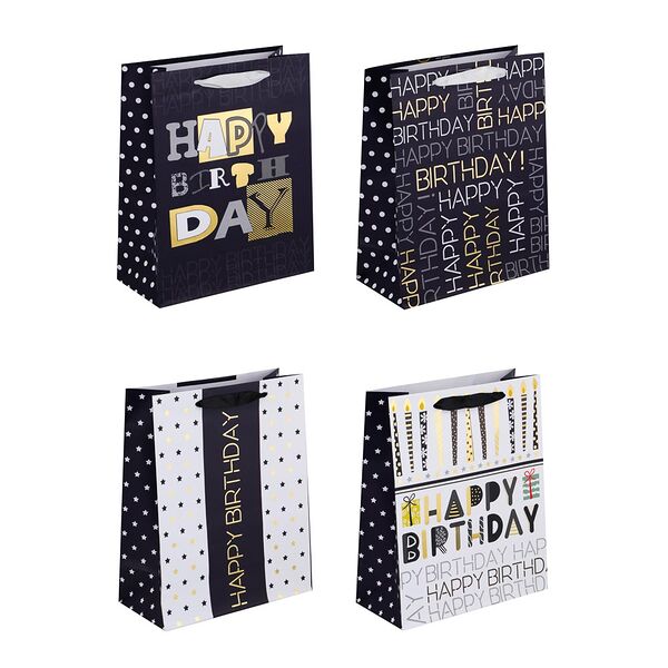 Ladecor пакет подарочный, высококачест.бумага, с фольг.слоем, 26x32x12см, с днем рождения, 4 диз в ассортименте