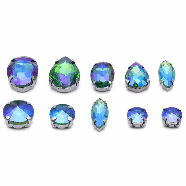 МФ-25 Хрустальные стразы в металлических цапах, форма страз: МИКС, зеленый с AB покрытием, 10шт/упак