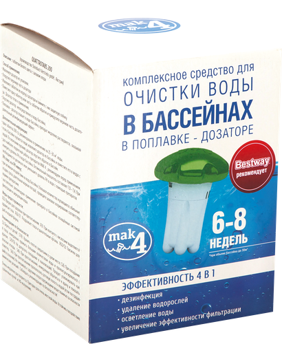 Средство для длительной дезинфекции воды в бассейне МАК ОПТИМА 4в1, с плавающим поплавком-дозатором, в таблетках по 200г, Арт. 10037, 2шт