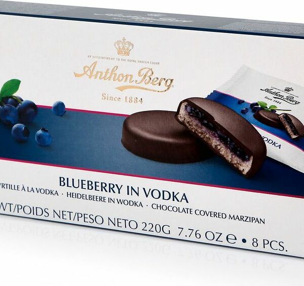 Конфеты Anthon Berg Шоколадные из темного шоколада с марципаном Черника в водке 220г