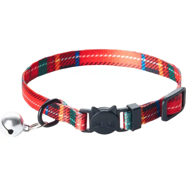 Ошейник для кошек ZOO ONE  Шотландка  с безопасной пряжкой, бубенчиком красный 10мм 18х28см