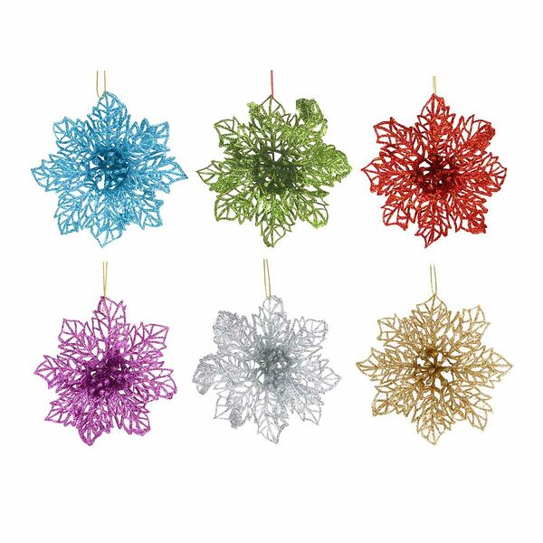 Сноу бум набор подвесок декоративных, 6 шт. в виде пуансеттий, глиттер, 6 цветов, пластик, 10x10см в ассортименте