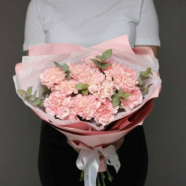 13 розовых гвоздик с эвкалиптом