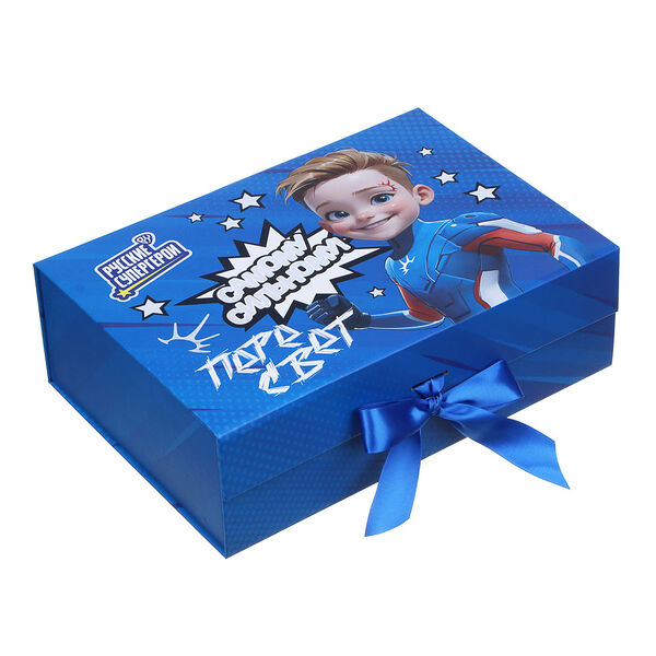 By коробка подарочная складная с лентой, тиснение фольгой, 28x20x9см, пересвет