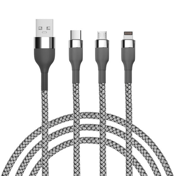 By кабель для зарядки 3 в 1 ip/micro usb/type-c 1.5 м 2.1а тканевая оплётка металлик серый