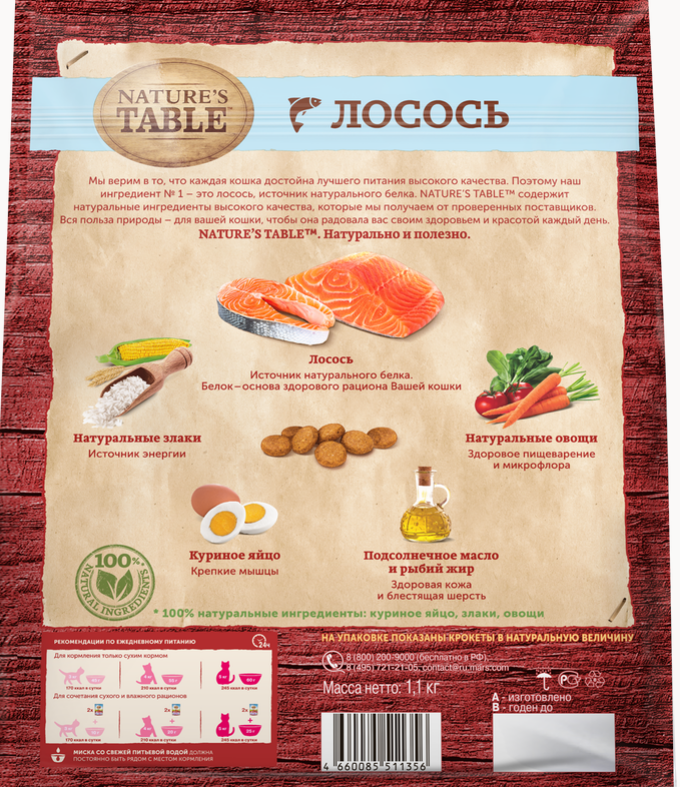 

Сухой корм Nature’s Table для взрослых кошек, Лосось 1.1 кг