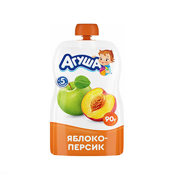 Детское фруктовое пюре Агуша Яблоко-Персик в мягкой упаковке, с 5 месяцев 90г